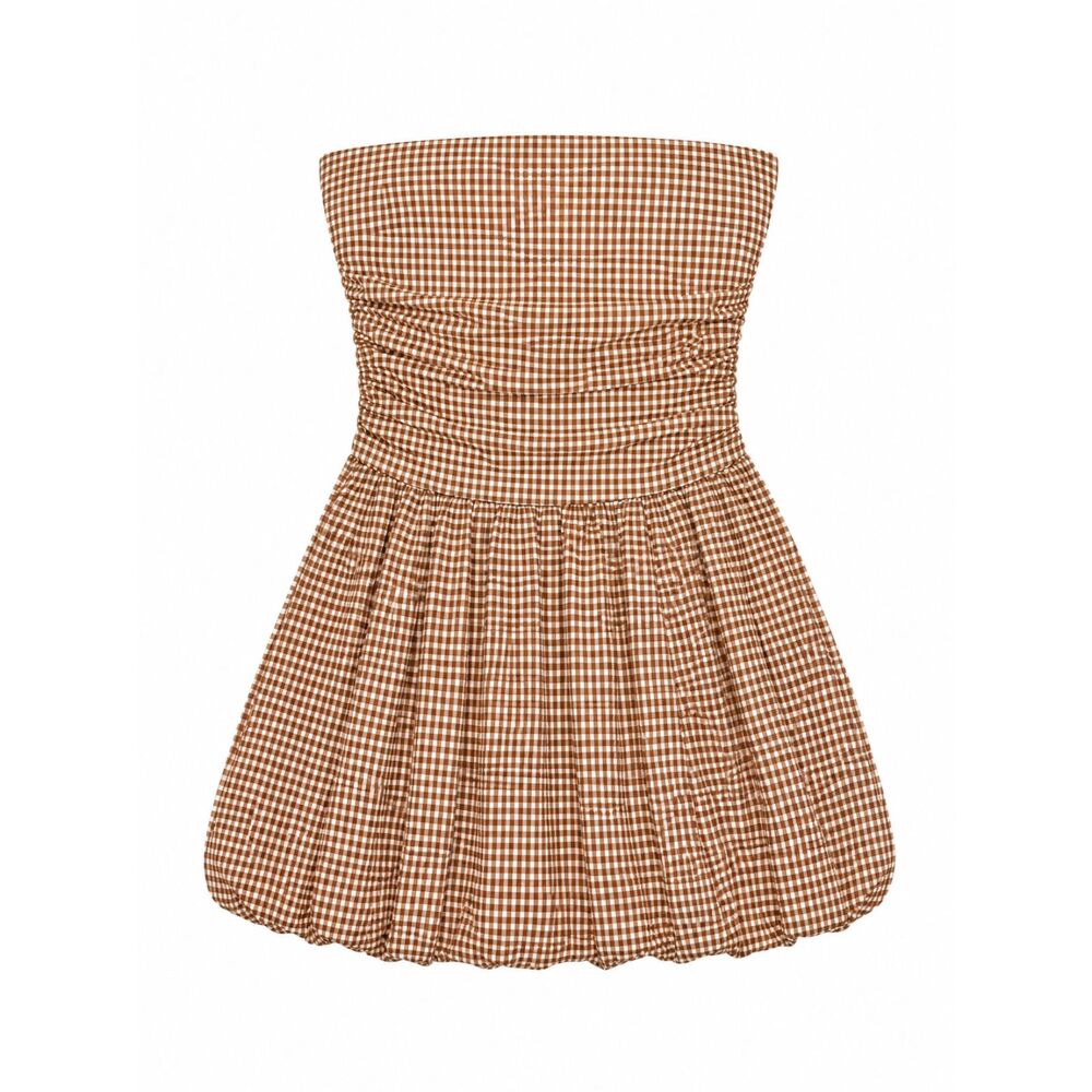 Reformation Clea Strapless Bubble Hem Mini Dress Sz 6 Anzo Check Ruched